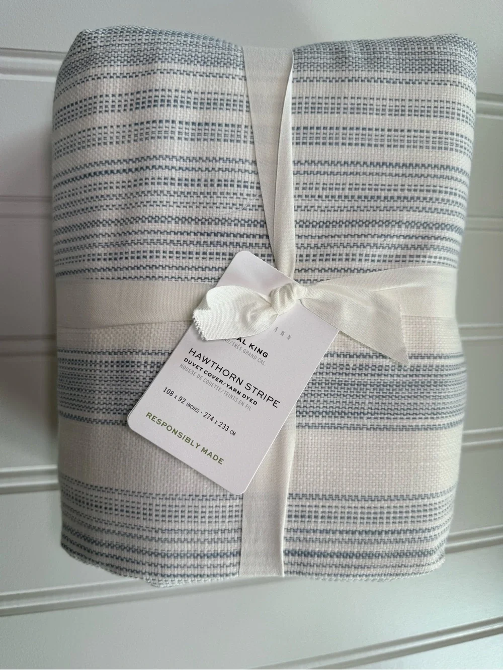 POTTERY BARN HAWTHORN STRIPE COTTON KING DUVET COVER Blue NEW 3101